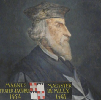 Painted portrait of Jacques de Milly with name, dates, and coat of arms