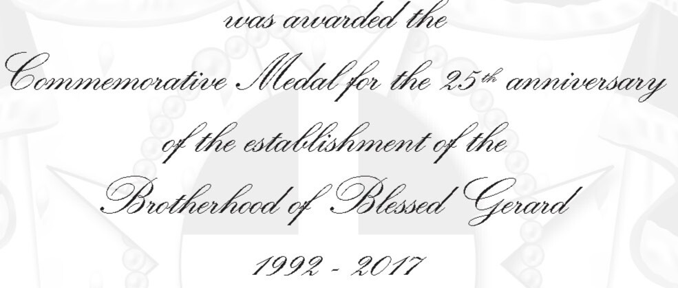 Original inscription describing the medal as a commemorative medal for the twenty-fifth anniversary of the Brotherhood of Blessed Gérard