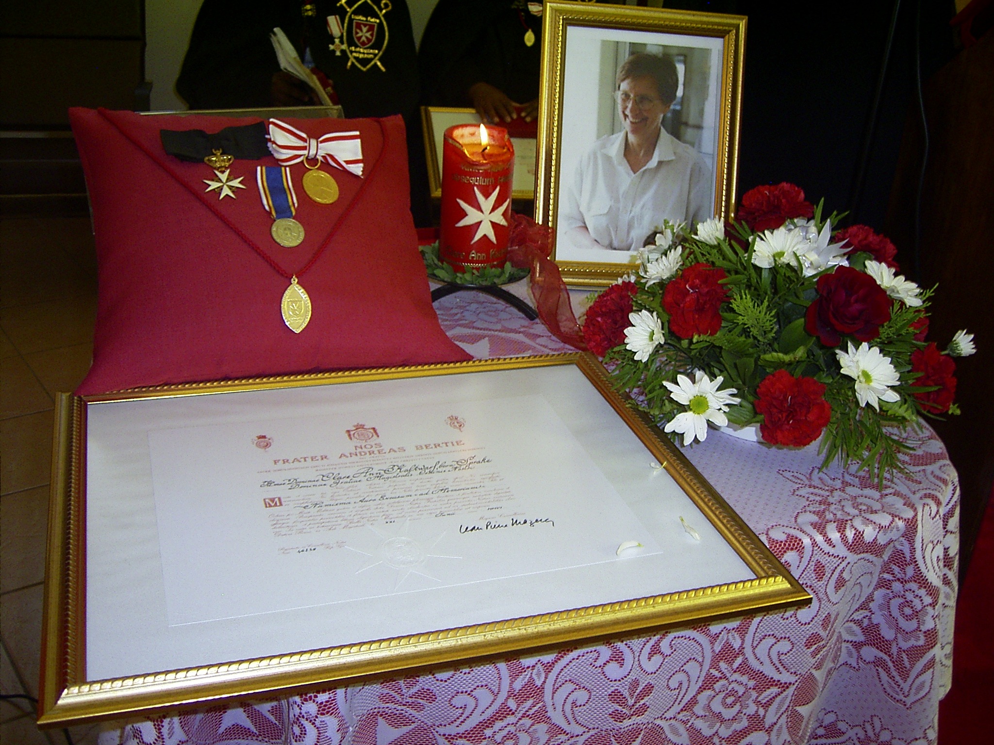 Gold Medal pro Merito Melitensi, certificate and portrait of the late Clare Kalkwarf